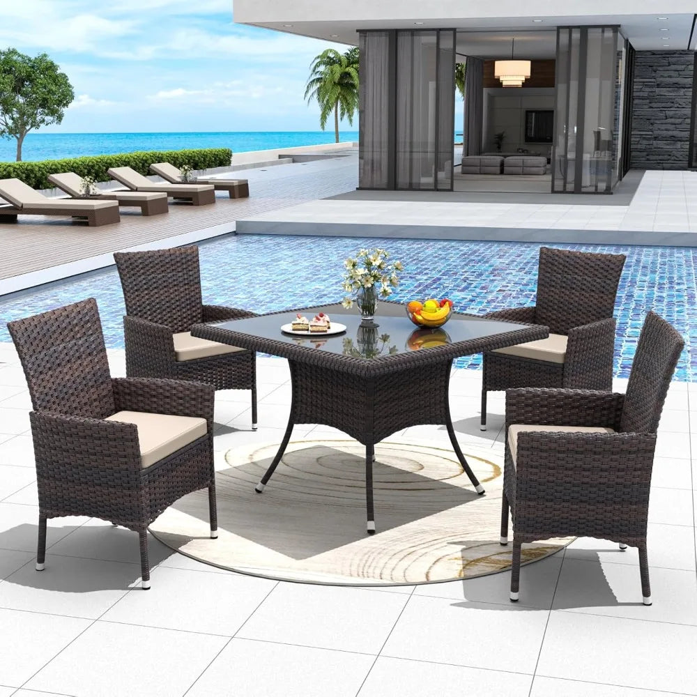 5 Piece Patio Dining Set All-Weather Wicker Outdoor Patio Furniture Set w/Tempered Glass Tabletop, Removable Cushions