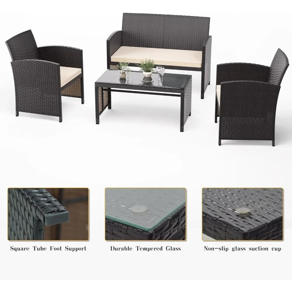 4 Pieces Patio Conversation Set Outdoor Rattan Patio Furniture Set Wicker Chairs with Soft Cushion and Glass Table for Pa