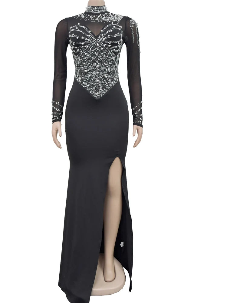 Beyprern Women's Crystal Embellished High Slit Long Maxi Dress Gown Glam Long Sleeve Diamonds Party Dress Celebrities Outfits
