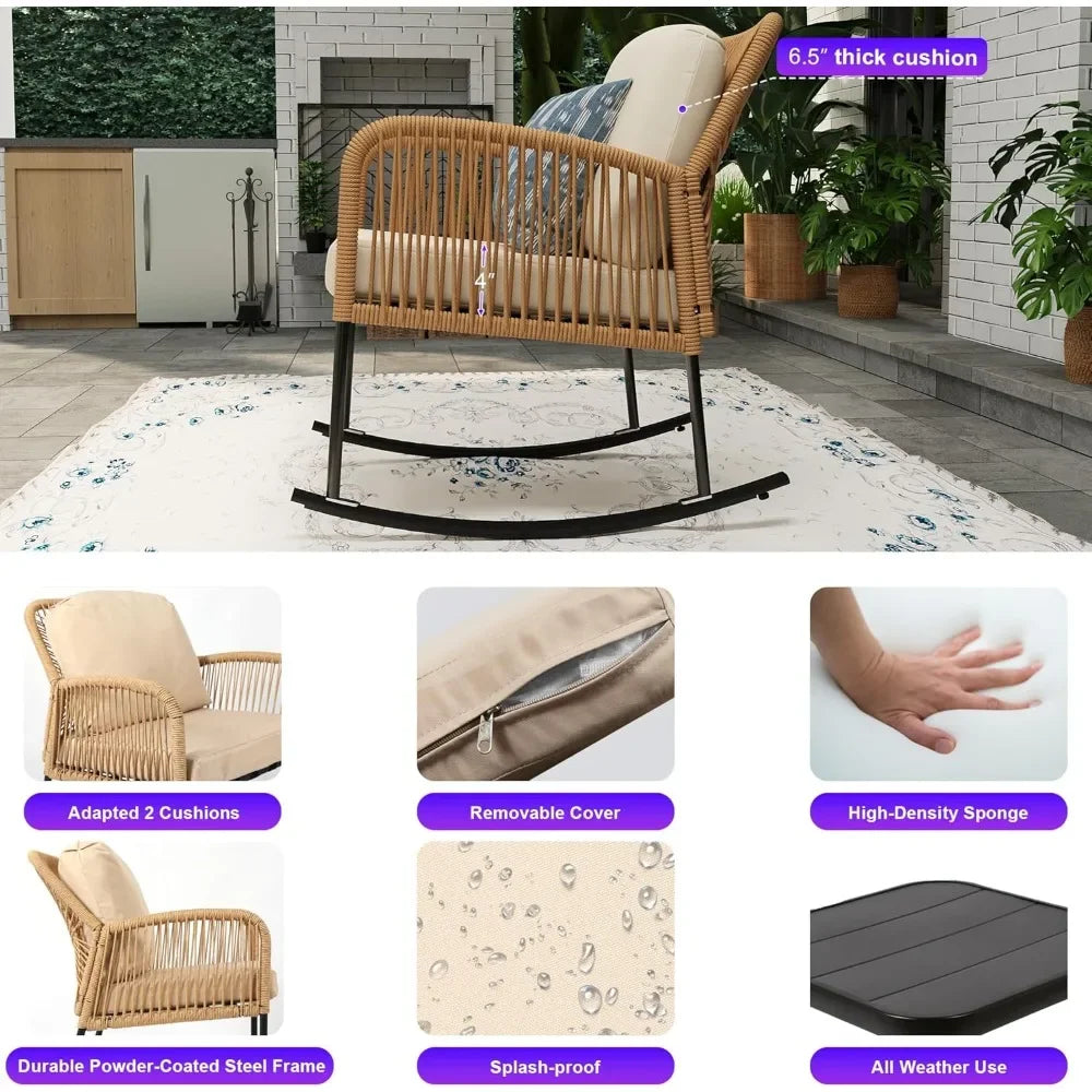 Boho Patio Rocking Chairs Set of 2 with Coffee Table,3 Piece Outdoor Patio Furniture Set,Modern Rope Chair and Table for Balcony