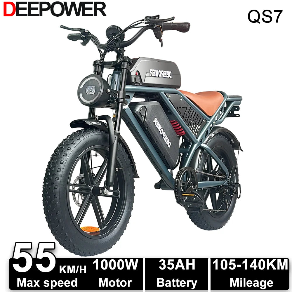 Deepower Electric Bike QS7 1000W 48V 60AH 20 Inch Fat Tire Ebike for Adults Mountain Off-Road Dual Batteries Electric Bicycle