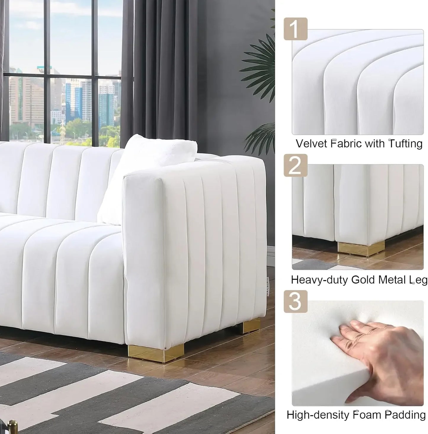 Living Room Furniture Set-2 Piece,Including Loveseat and 3-Seater Sofa Couch with Channel Tufted Velvet Fabric,4 Pillows,White