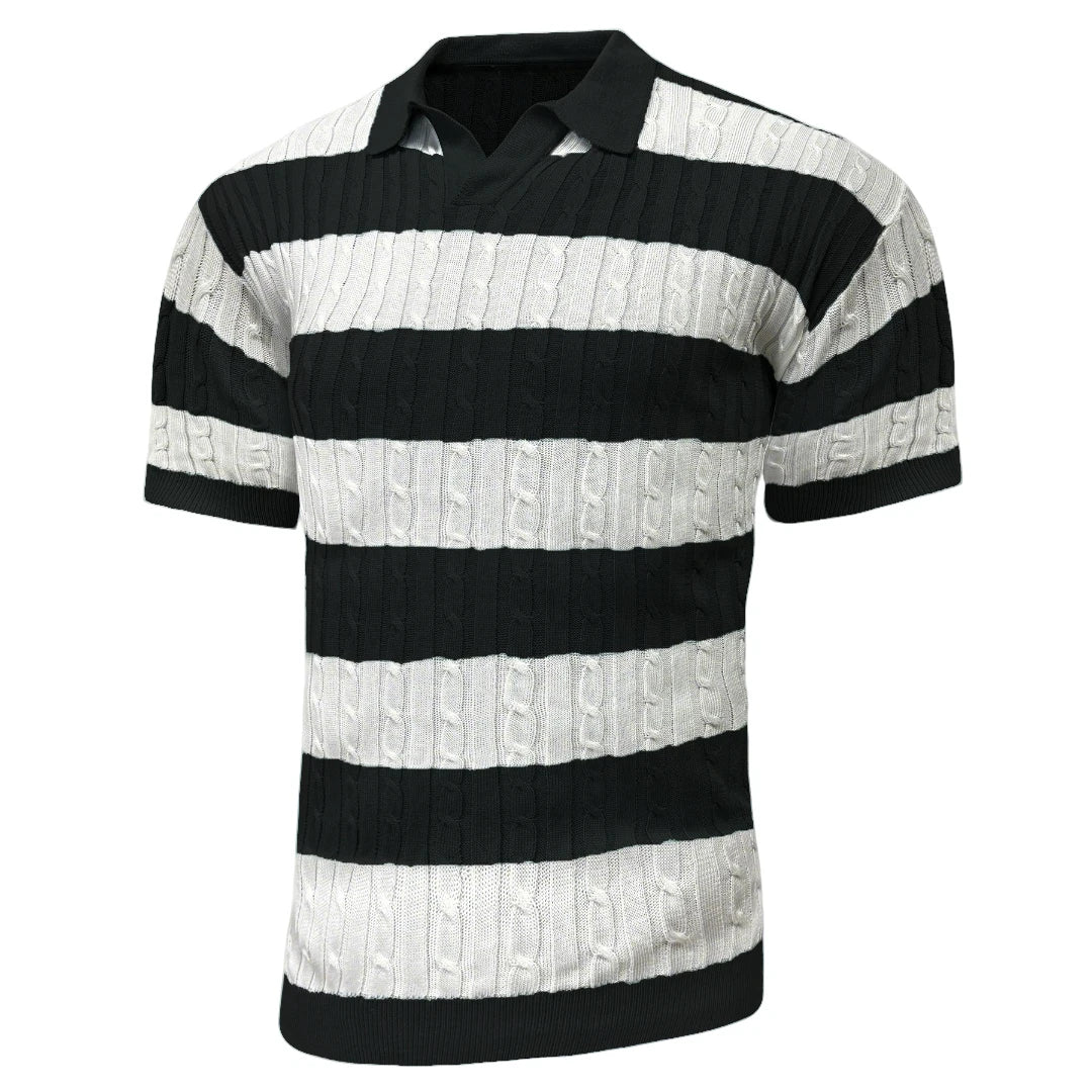 Men's Polo Short Sleeve Retro Knit Lapel Striped Short Sleeve Fashion Popular Knitwear Casual Breathable Top US Size