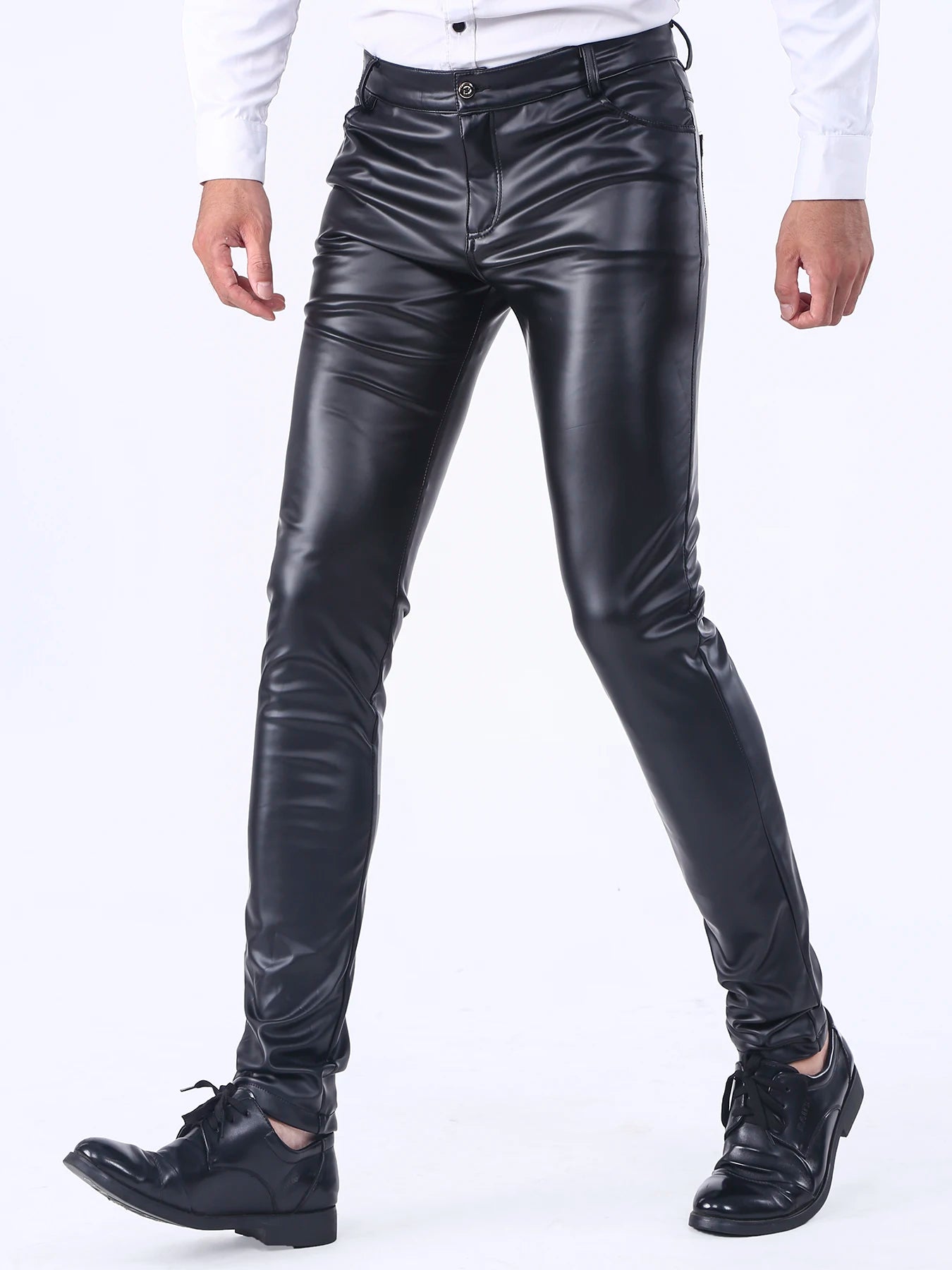 Men`s Party Stage Performance Business Slim Fit Five Pockets Faux Leather Pants Jeans