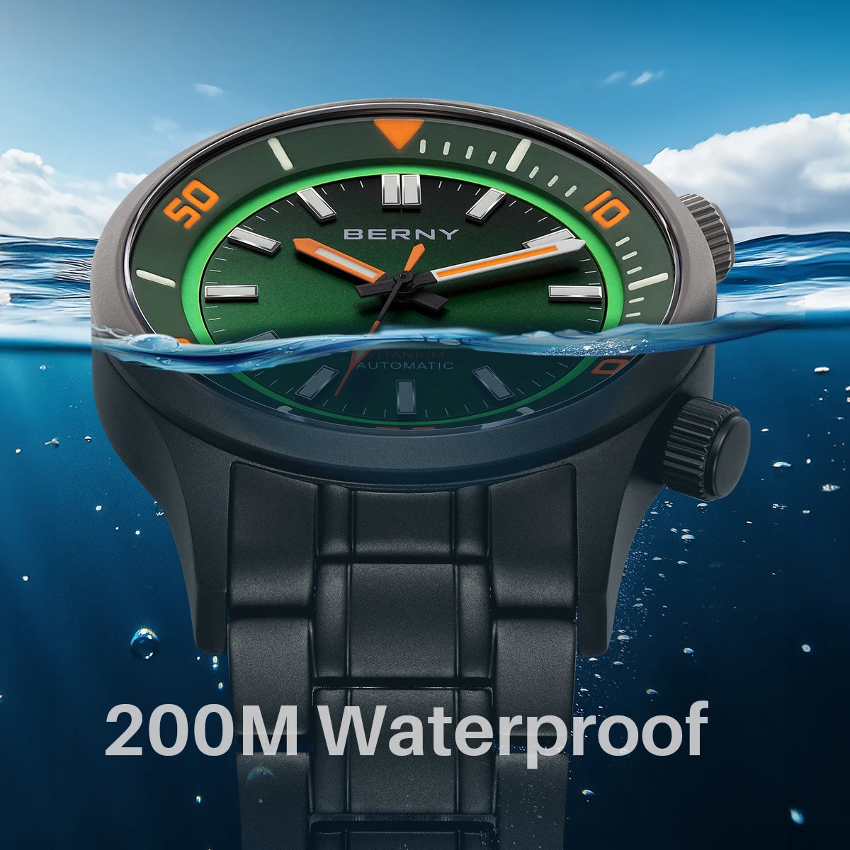 BERNY Men's Titanium Diver Watch with Luminous Dial and Sapphire Crystal 20ATM