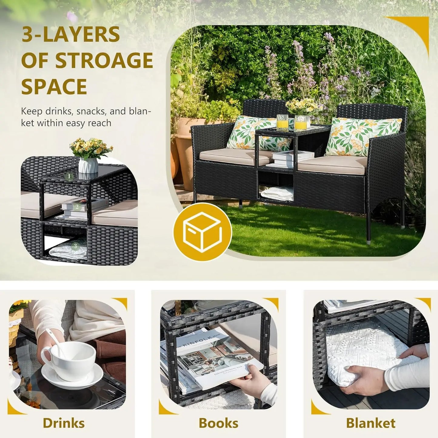 Outdoor Furniture Patio Loveseat Wicker 2-Seat with Built-in Table and Cushions Rattan Porch Chairs Bench for Balcony, Lawn,