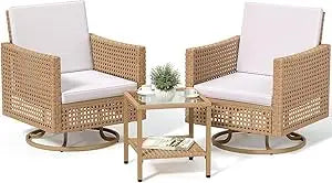 3-Piece Wicker Rocking Chair Set, Outdoor Patio Furniture Set with Plush Cushions, PE Rattan Bistro Set Including Side Table, D