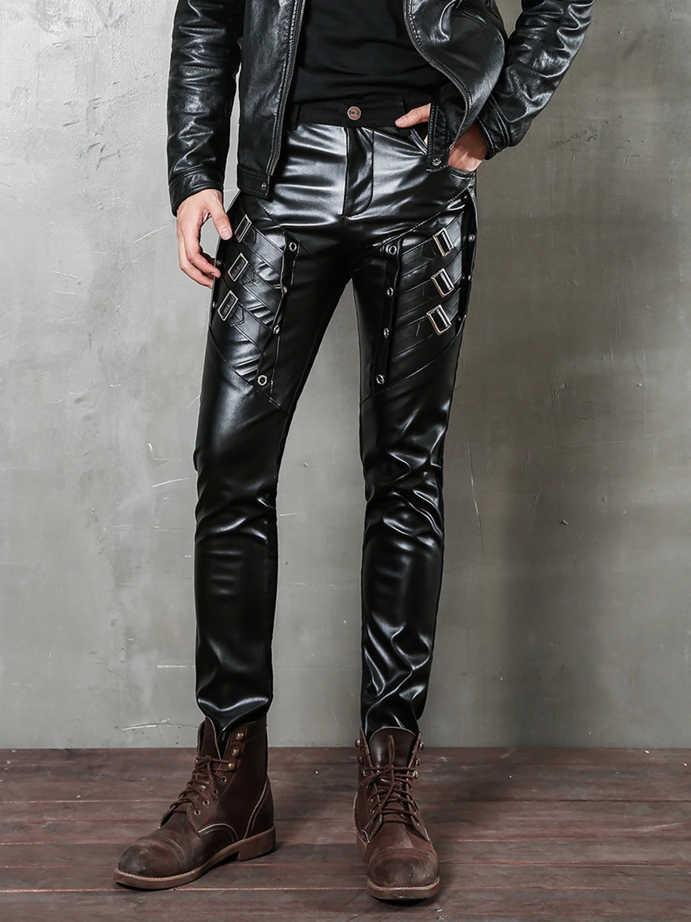 Motorcycle Steampunk Hip Hop Slim Fit Soft PU Faux Night Club Dance party Leather Biker Pants Perfect for party
