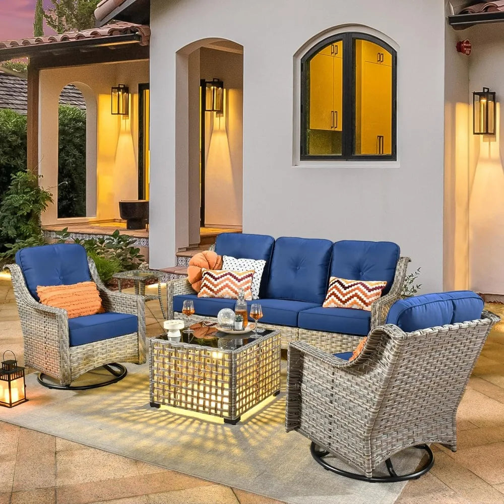 Patio Conversation Set,5 Pieces Wicker Patio Furnitures with Swivel Chair and Coffee Table,All Weather Patio Furniture Set