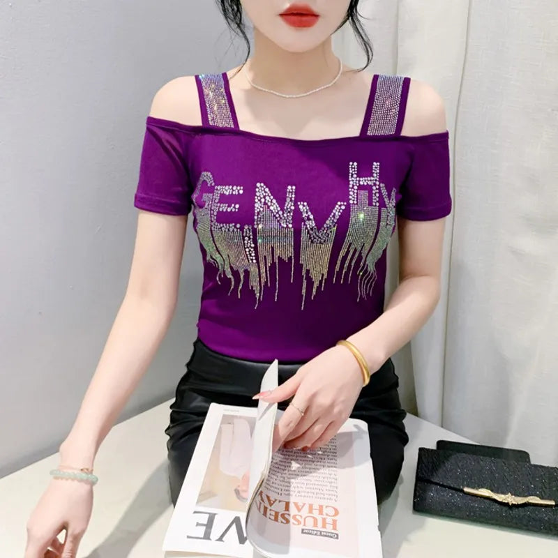 New Ladies Clothes Butterfly Letter Design T-Shirt Sexy Off Shoulder Shiny Diamonds Women Chic Mesh Tops Tees Shirts