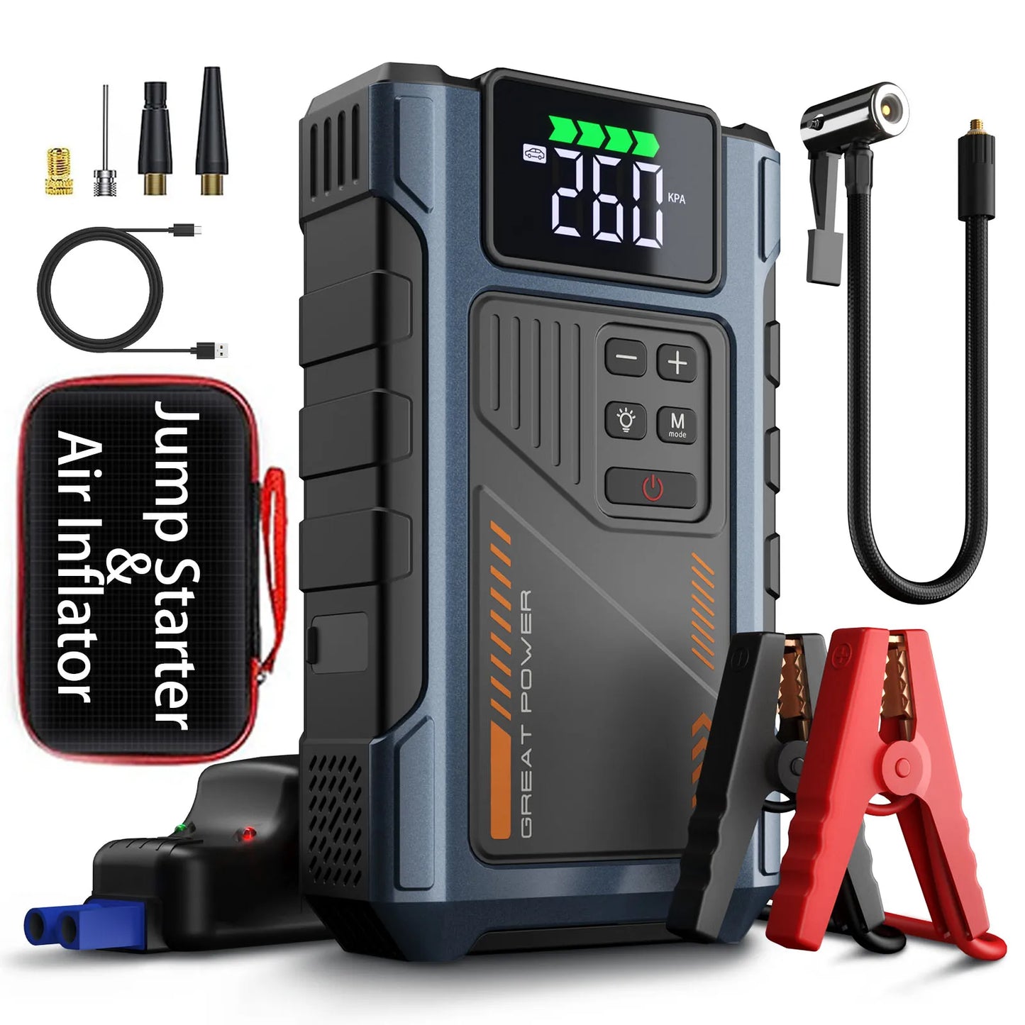 Portable Car Jump Starter and Air Compressor 3000A Peak for Gas and Diesel