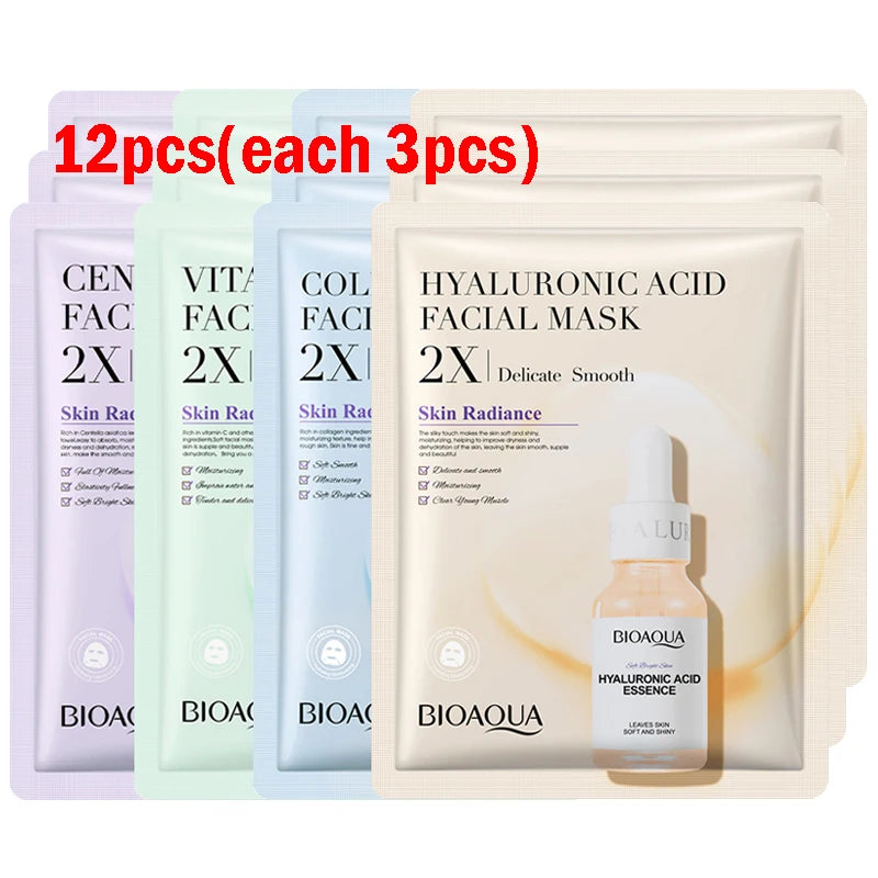 4/8/12pcs BIOAQUA Centella Collagen Face Mask Moisturizing Refreshing Sheet Masks Hyaluronic Acid Facial Mask Skin Care Products