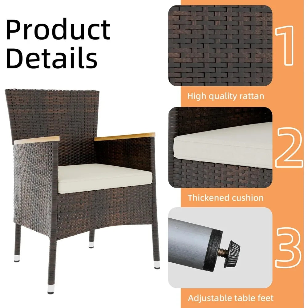 Wicker Patio Furniture Set with Wood Table and 6 Chairs with Soft Cushions for Yard, Garden, 7 Pieces Outdoor Patio Dining Set