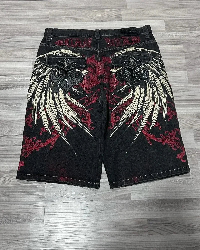 American Vintage Popular New Pattern Embroidery Baggy Denim Shorts Men Street Fashion Gothic Casual Joker Shorts Women Clothing