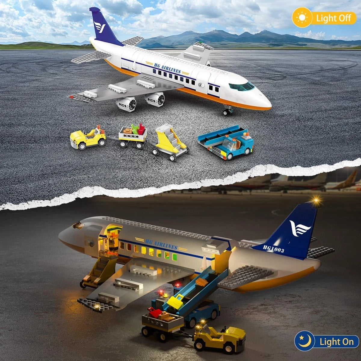 HOGOKIDS  Airplane Building Set with LED, Plane Building Blocks with Airport Terminal Luggage Trailer Toys Gifts for Kids Age 6+