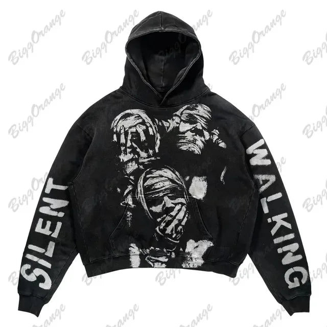 Harajuku Hand touch printing Hoodie Oversized Streetwear Tops Sweatshirt Y2k Clothes Gothic Grunge Hoodies  Men Clothing