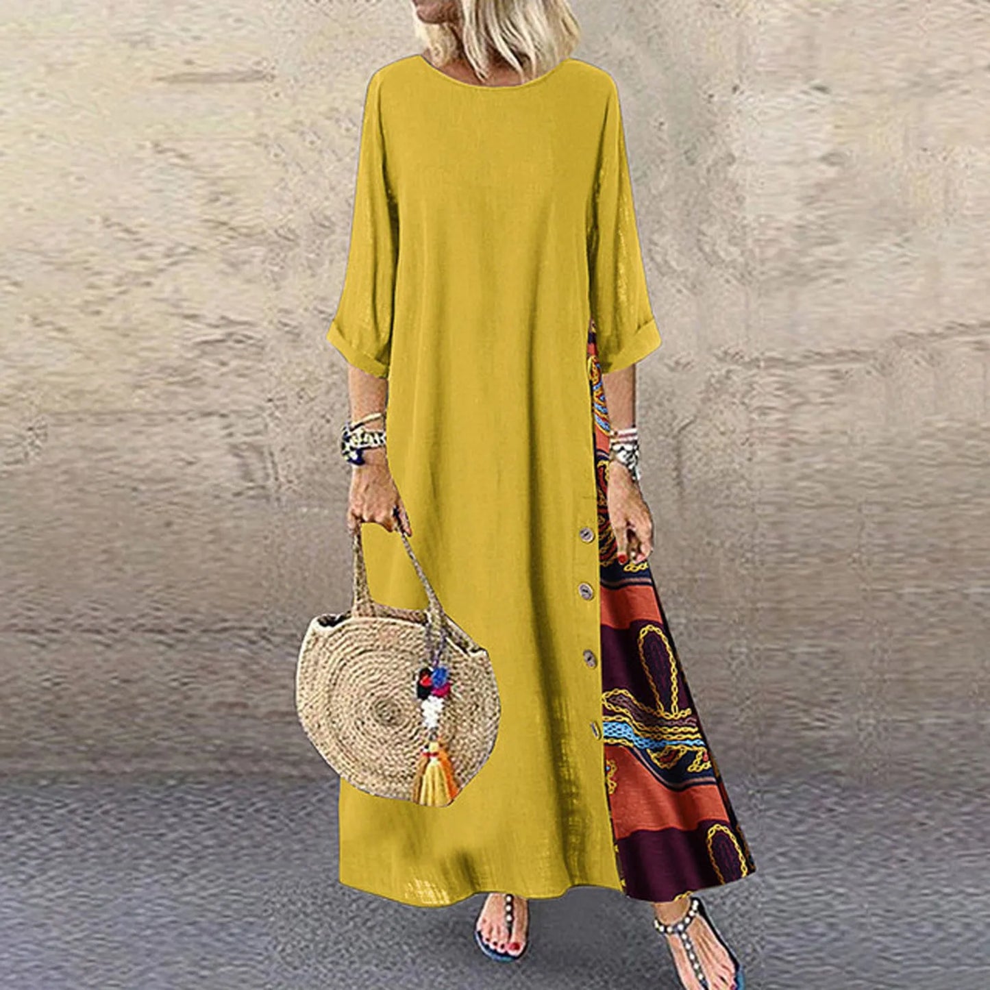 New Summer Fashion V-neck Printed Dress Women's Solid Color Pocket Casual Minimalist Beach Long Dress