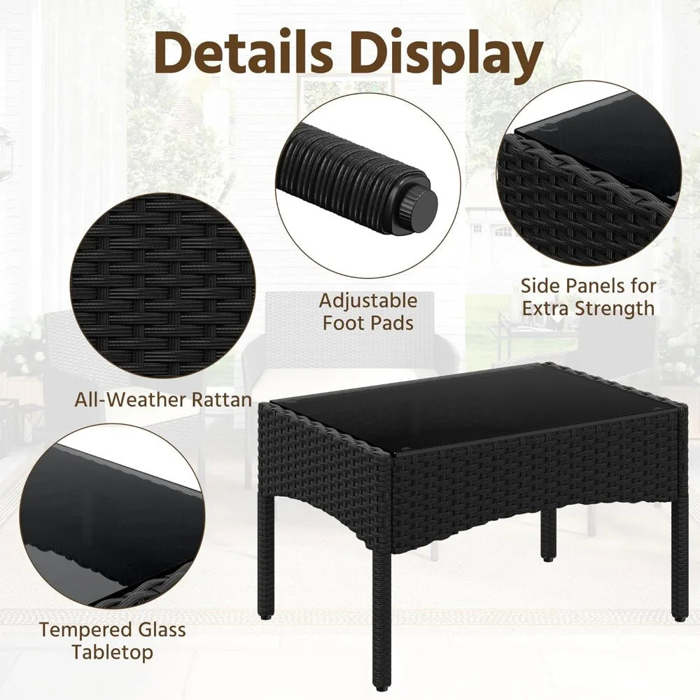 Patio Furniture Set 4 Pieces Conversation Sets, Rattan Chair Wicker Set Loveseat with Soft Cushion and Glass Table