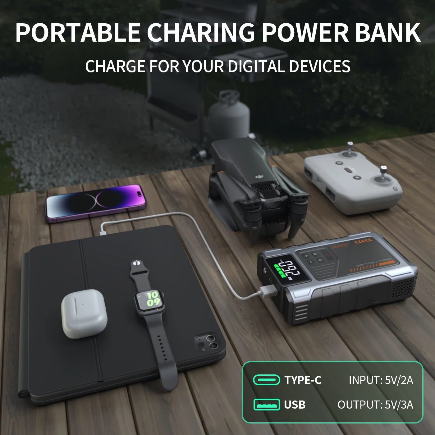 Portable Car Jump Starter and Air Compressor 3000A Peak for Gas and Diesel