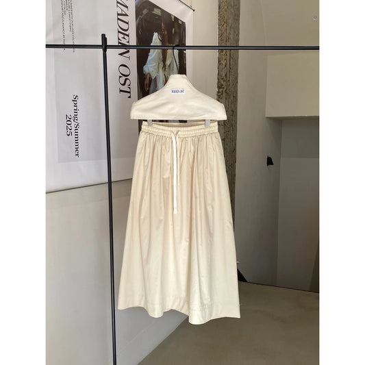 Women Elastic Waist Skirts with Drawstring High Waist Casual Yellow Midi Skirt 2025 New In