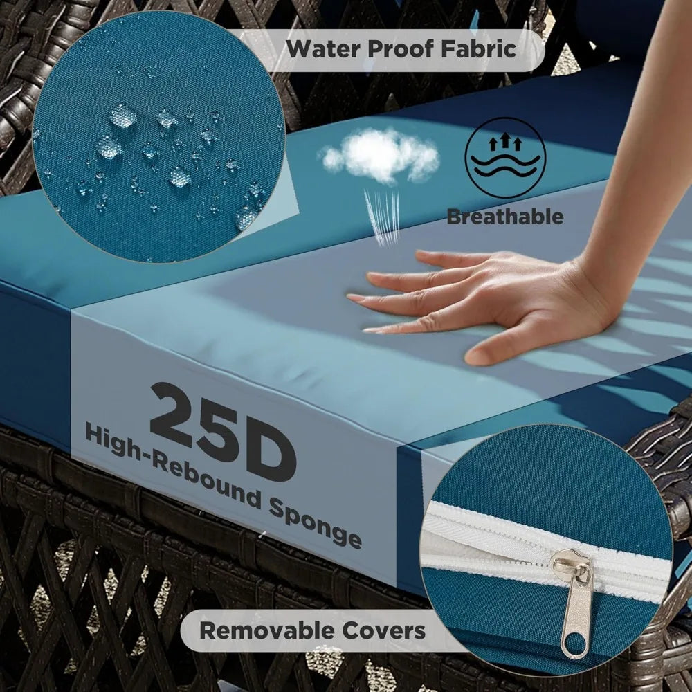 3 Piece Outdoor Swivel Chair Set, Wicker Patio Bistro Set with Thickened 25D Cushions and Glass Coffee Table, Patio Furniture C