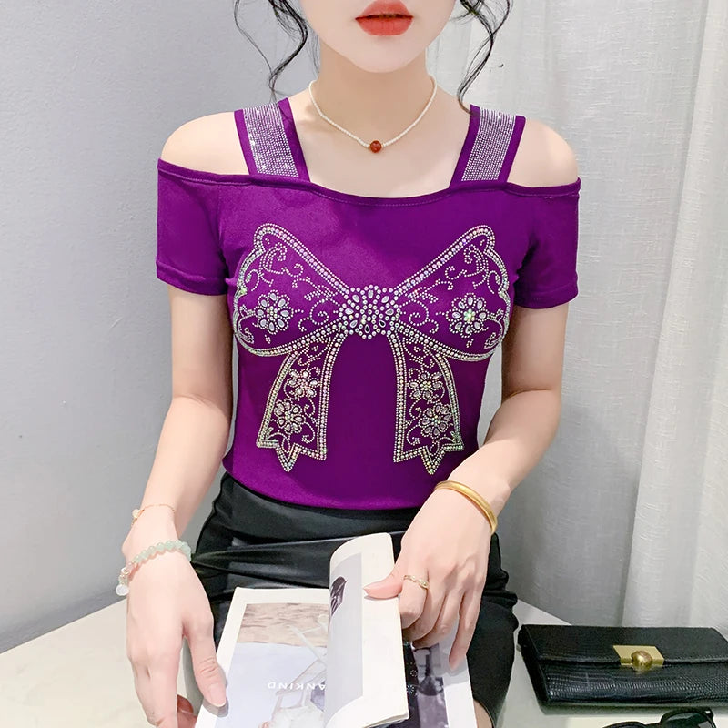 New Ladies Clothes Butterfly Letter Design T-Shirt Sexy Off Shoulder Shiny Diamonds Women Chic Mesh Tops Tees Shirts