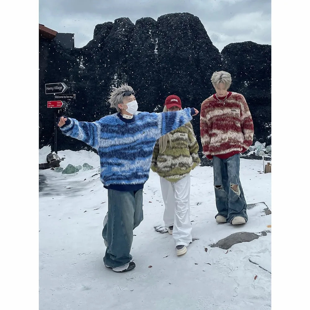 New Striped American Style Street Knitted Sweaters Top For Men Women Trendy Casual Couple Knitwear Sweater Clothing Men