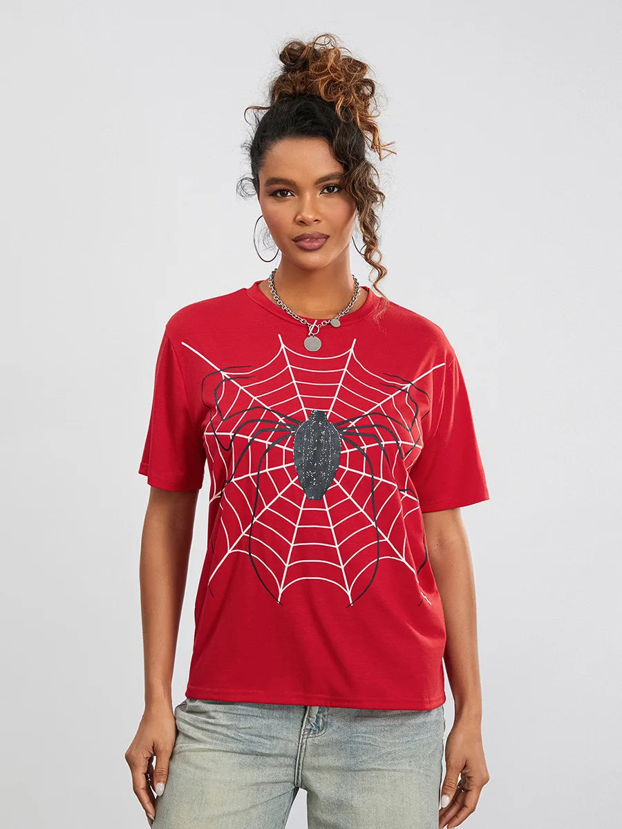 Women Short Sleeve Tops Spider Print Summer T-Shirt Casual Pullovers for Streetwear Aesthetic Grunge Clothes