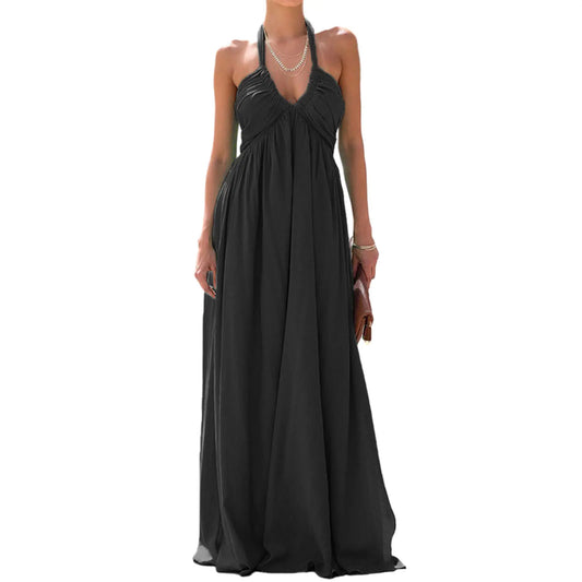 Women Summer Casual Long Dress Solid Color Tie-Up Halter Neck Sleeveless Dress Beach Holiday Backless Dress