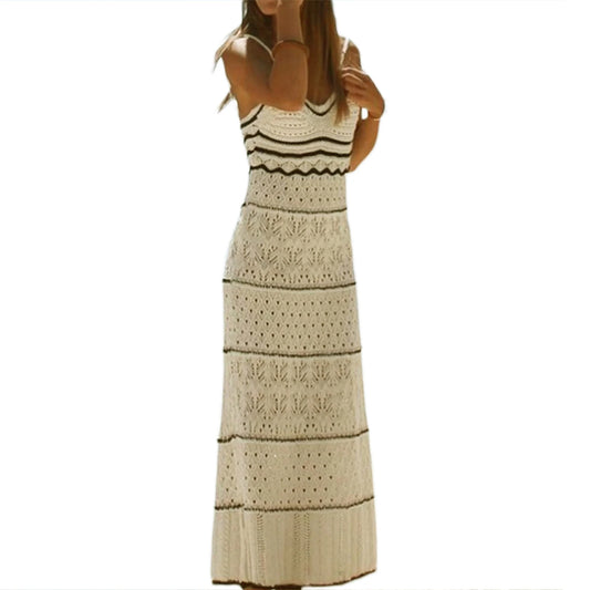 Women Knitted Sleeveless Dress Contrasting Color Summer Spaghetti Strap V Neck Party Dress for Beach Streetwear