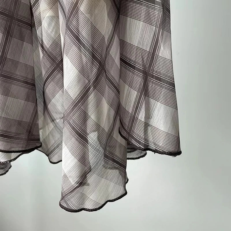 Flowing Check Midi Skirt 2025 Spring Summer New Retro Long Skirt Seaside Holiday Casual Brown Women Clothing