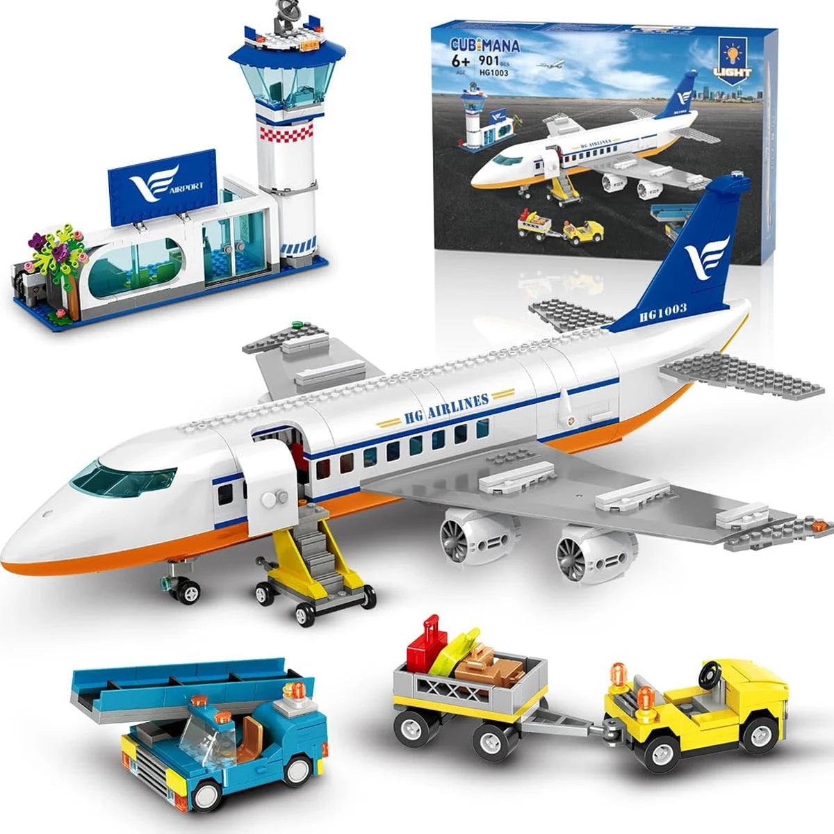 HOGOKIDS  Airplane Building Set with LED, Plane Building Blocks with Airport Terminal Luggage Trailer Toys Gifts for Kids Age 6+