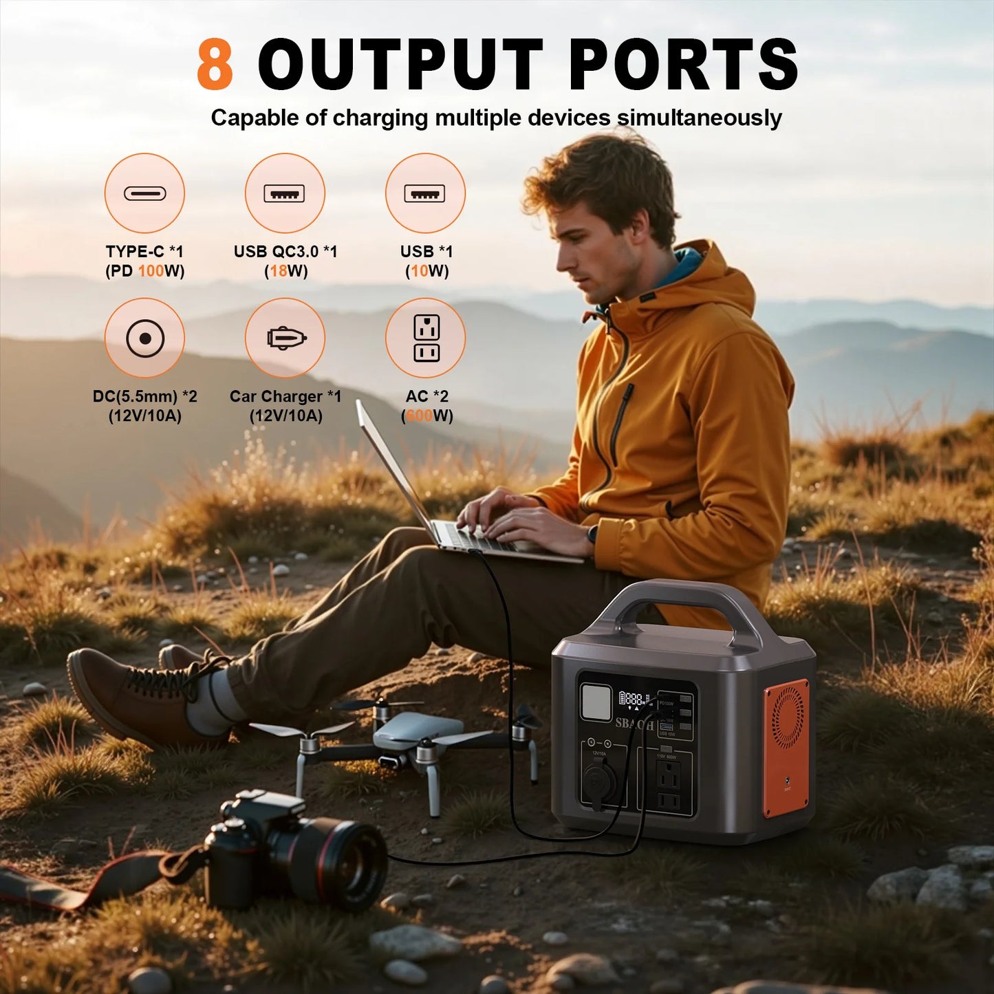 538.7Wh 600W Portable Outdoor Power Station with Solar Charging Input, 100W PD USB-C, QC3.0, AC Power Outlet, Outdoor Camping Ho