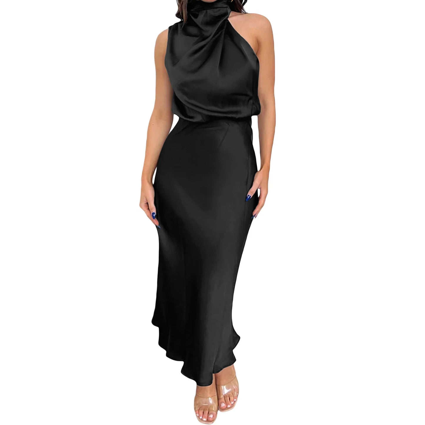 Women Long Satin Dress Elegant Sleeveless Turtleneck Solid Summer Dress for Cocktail Party
