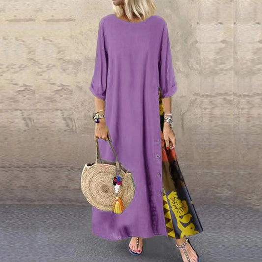 New Summer Fashion V-neck Printed Dress Women's Solid Color Pocket Casual Minimalist Beach Long Dress