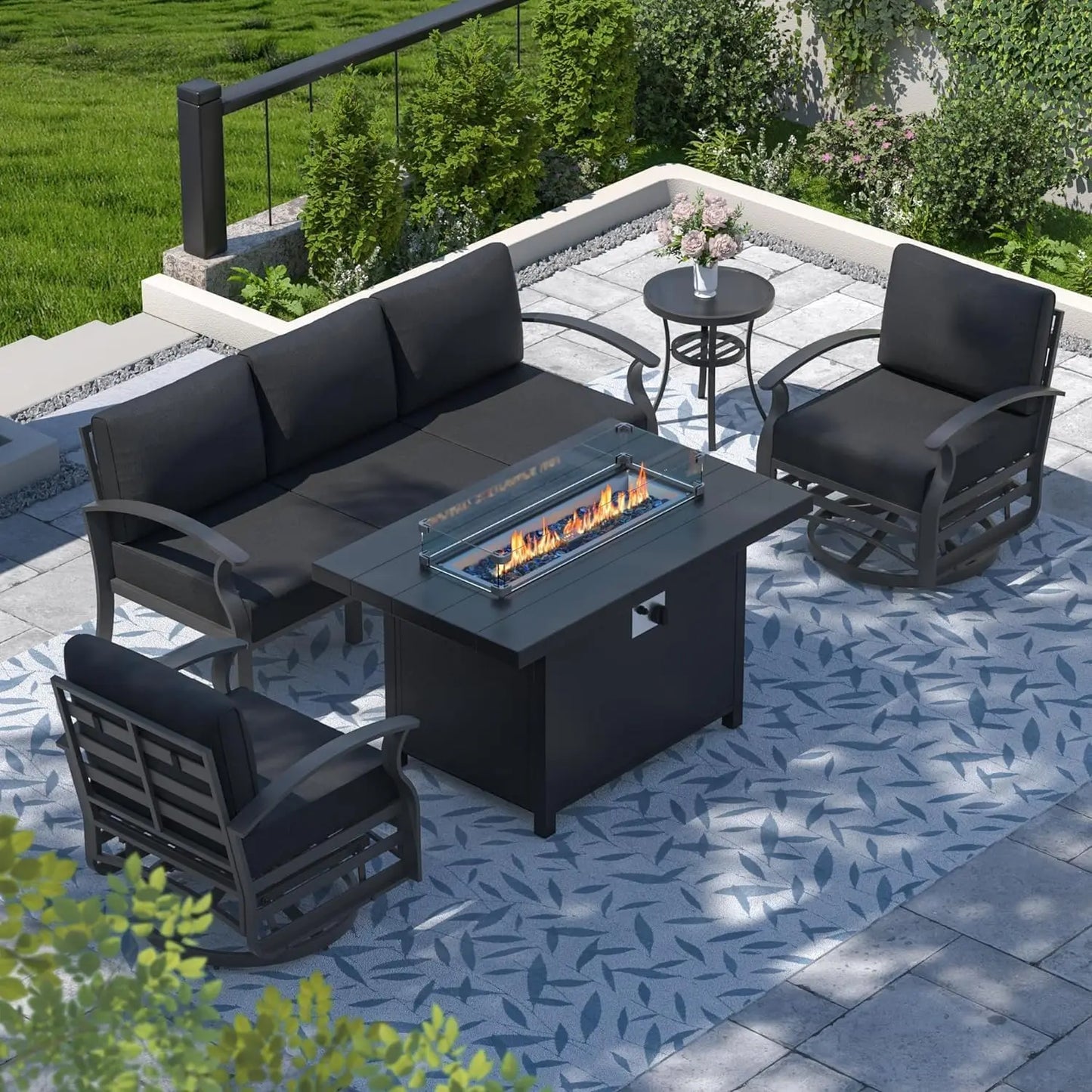 Aluminum Patio Furniture Set with Fire Pit Table, Swivel Chair Metal Patio Sectional Sofa with Upgrade Cushions for Patio