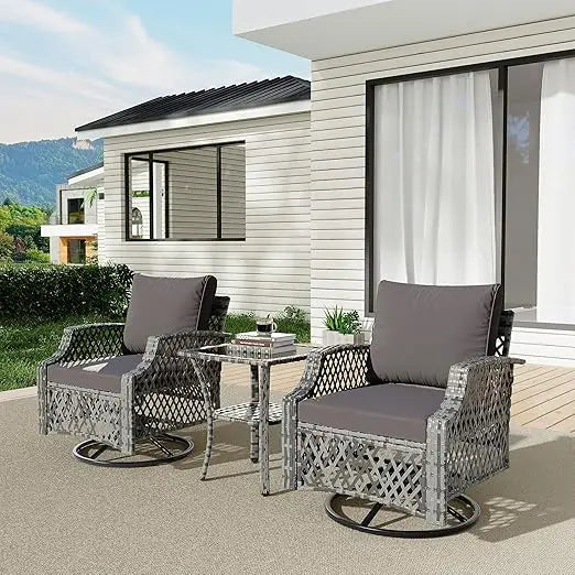 3 Piece Outdoor Swivel Chair Set, Wicker Patio Bistro Set with Thickened 25D Cushions and Glass Coffee Table, Patio Furniture C