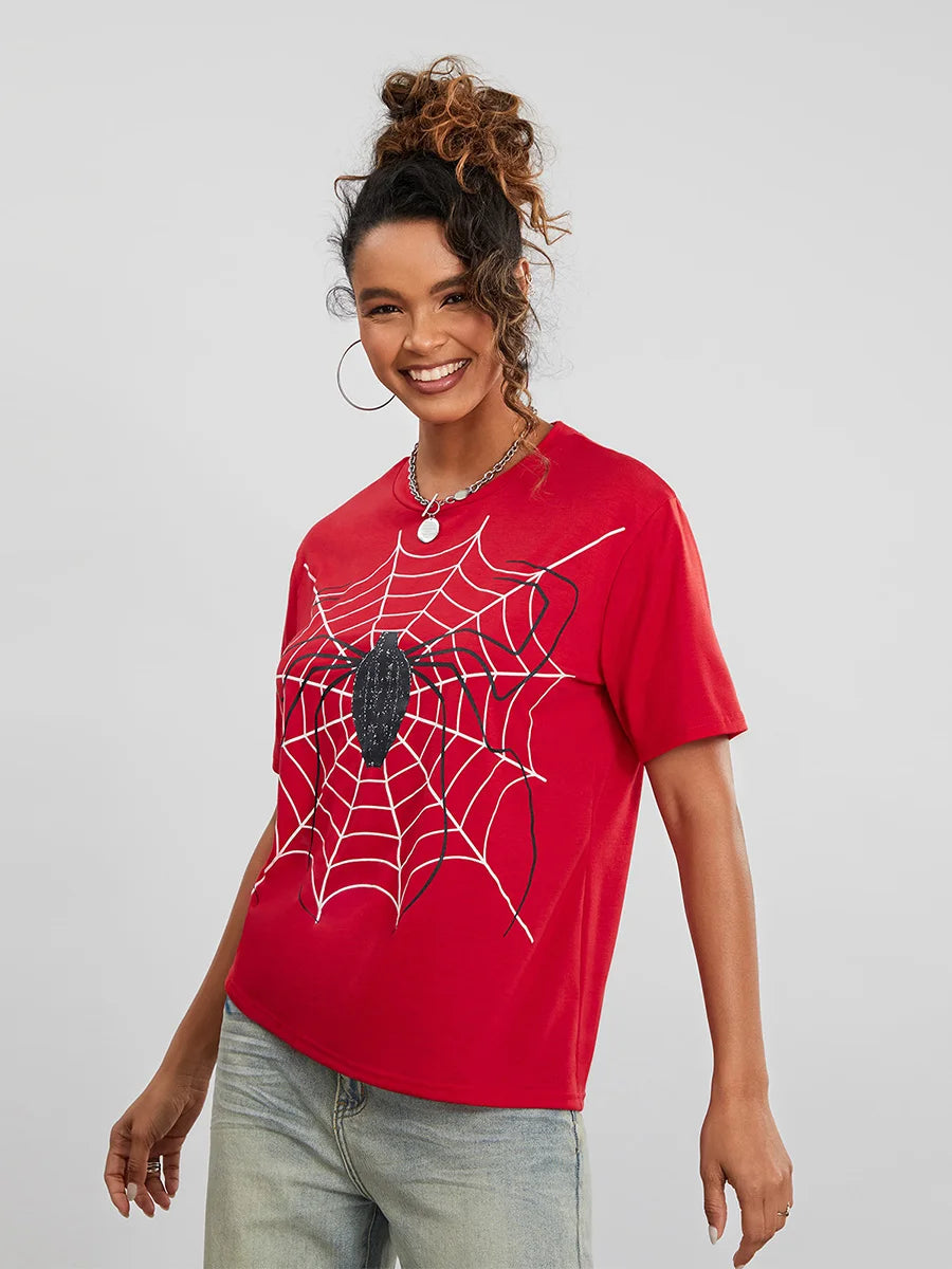 Women Short Sleeve Tops Spider Print Summer T-Shirt Casual Pullovers for Streetwear Aesthetic Grunge Clothes