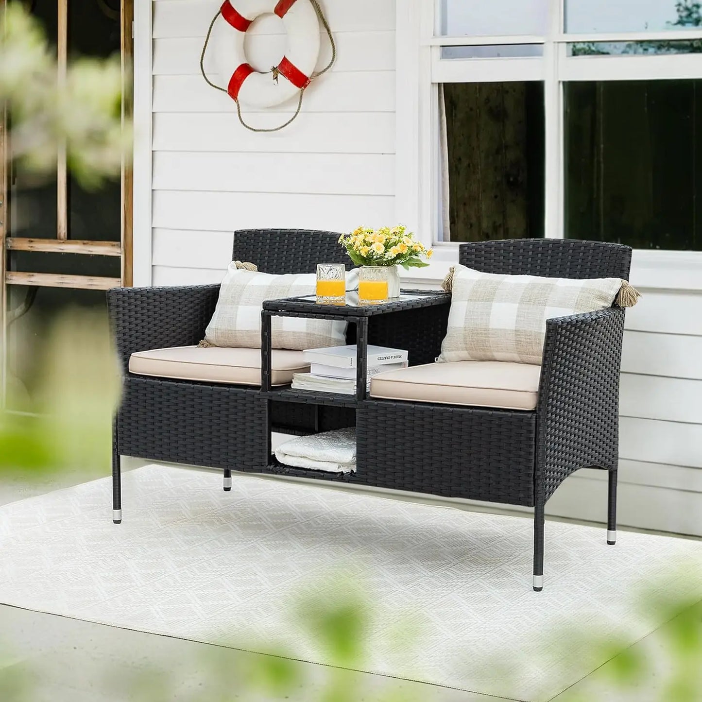 Outdoor Furniture Patio Loveseat Wicker 2-Seat with Built-in Table and Cushions Rattan Porch Chairs Bench for Balcony, Lawn,