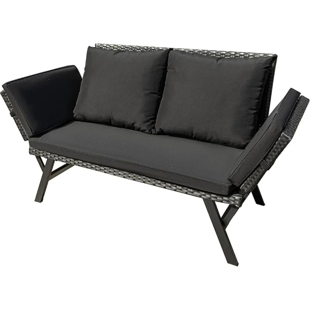 Outdoor Sofa with Adjustable Armrests, Convertible Daybed or Double Chair, Woven Rattan Patio Furniture, Outdoor Sofa