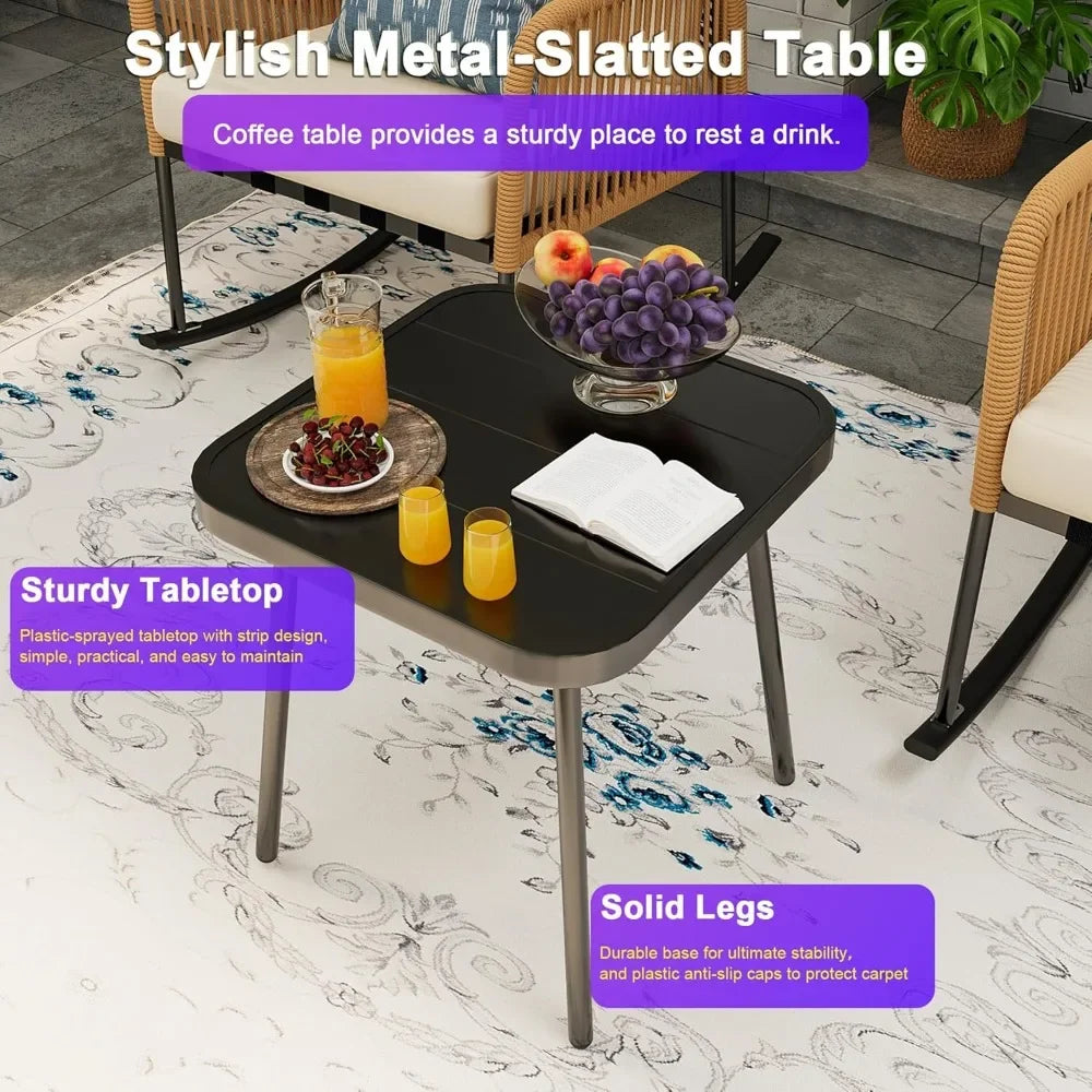 Boho Patio Rocking Chairs Set of 2 with Coffee Table,3 Piece Outdoor Patio Furniture Set,Modern Rope Chair and Table for Balcony