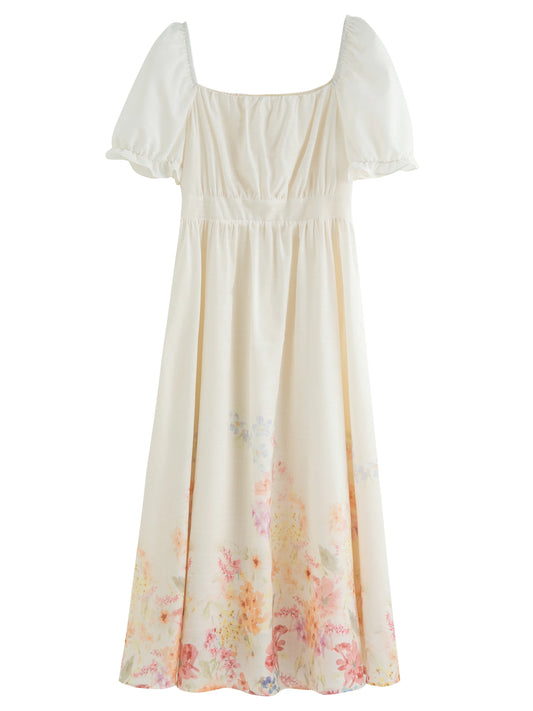 DUSHU Summer 2025 Textured Floral Dress - Regal Bubble Sleeve Fluid Silhouette Resort to Office
