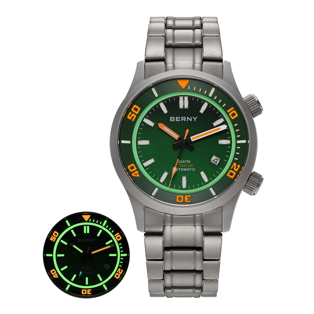 BERNY Men's Titanium Diver Watch with Luminous Dial and Sapphire Crystal 20ATM