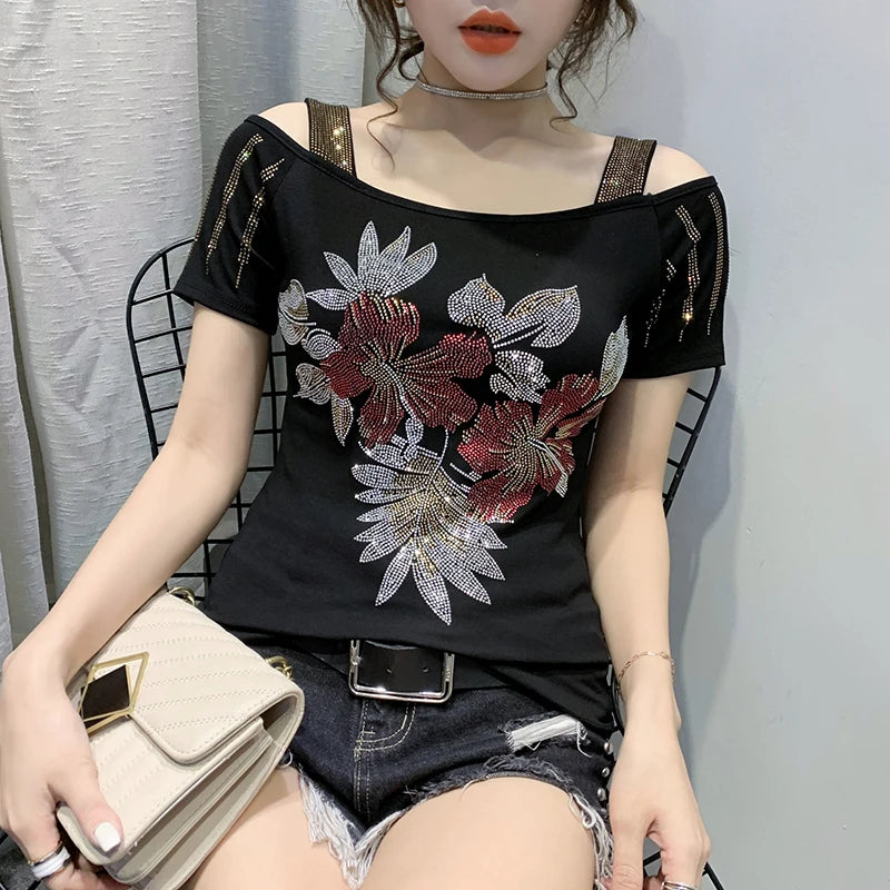New Ladies Clothes Butterfly Letter Design T-Shirt Sexy Off Shoulder Shiny Diamonds Women Chic Mesh Tops Tees Shirts