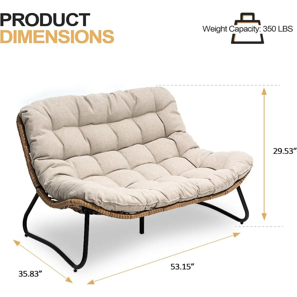 Outdoor Loveseat, 2 Seater Outdoor Couch with Soft Cushion, All-Weather Boho Rattan Patio Furniture for Balcony, Poolside, Back