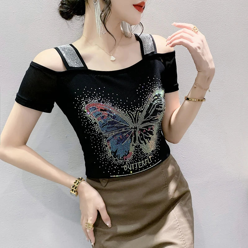 New Ladies Clothes Butterfly Letter Design T-Shirt Sexy Off Shoulder Shiny Diamonds Women Chic Mesh Tops Tees Shirts
