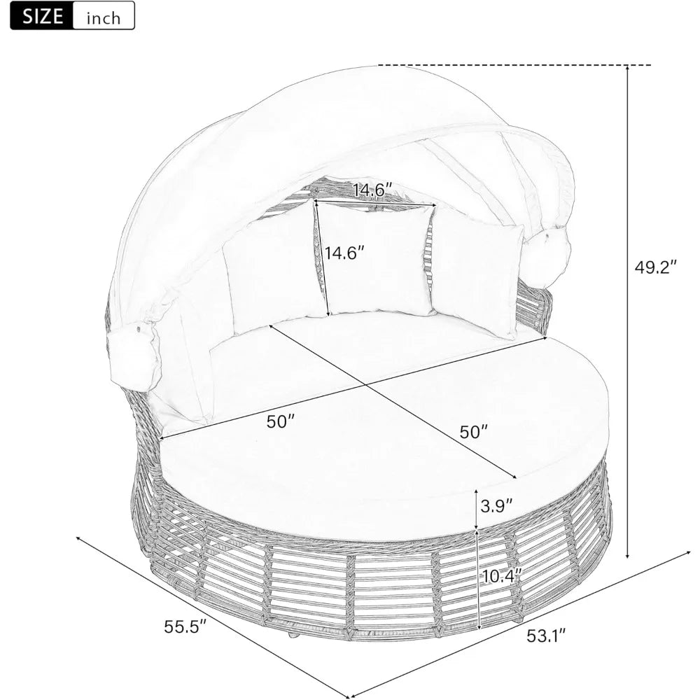 Outdoor Patio Rattan Round Daybed with Retractable Canopy, Wicker Furniture Round Poolside Sofa Sunbed with Removable Cushions (