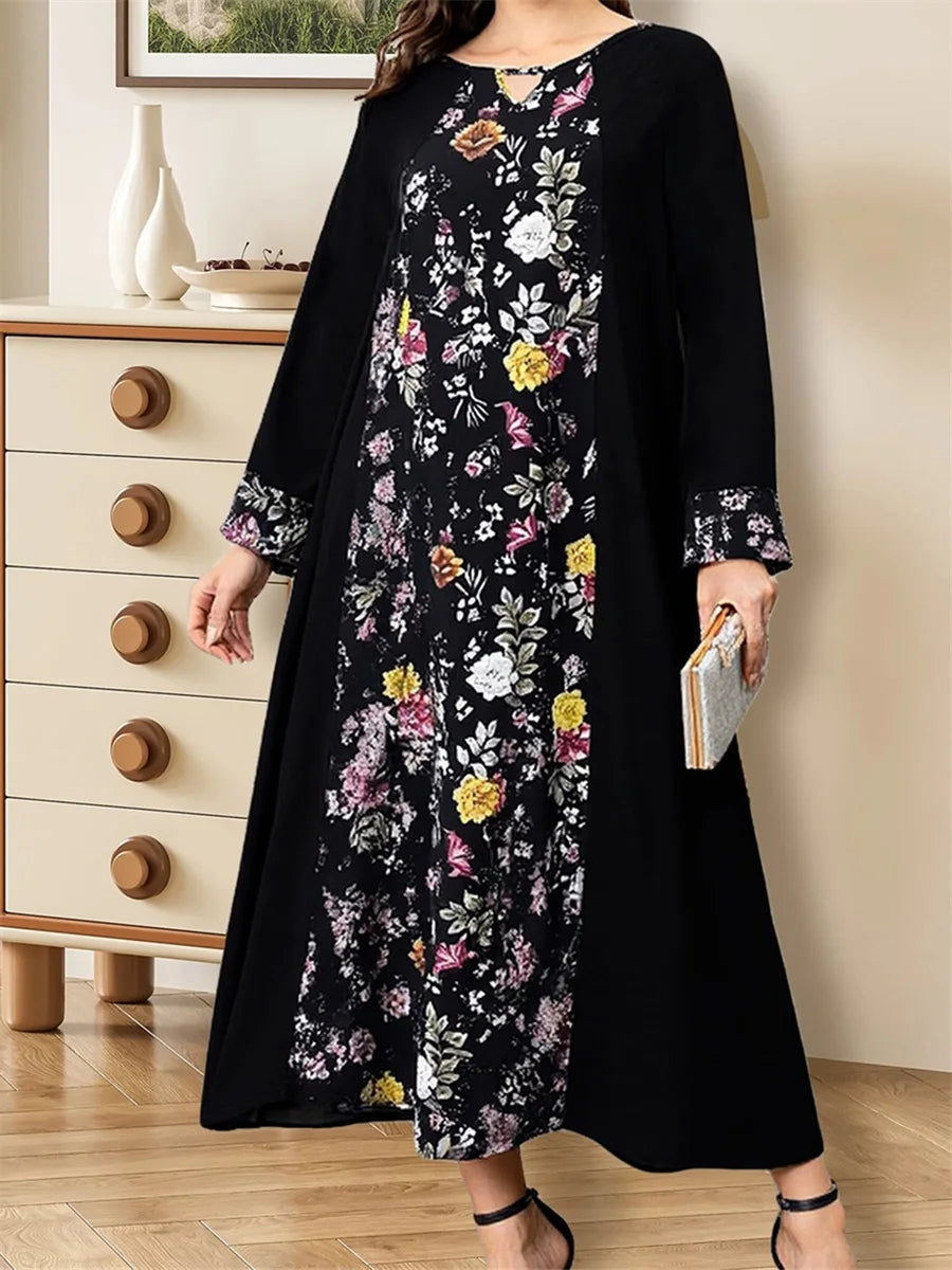Elegant Floral Print Long Sleeve Round Neck Loose Flowy Maxi Dress with Patchwork Design for Women s Abaya Robe Kaftan