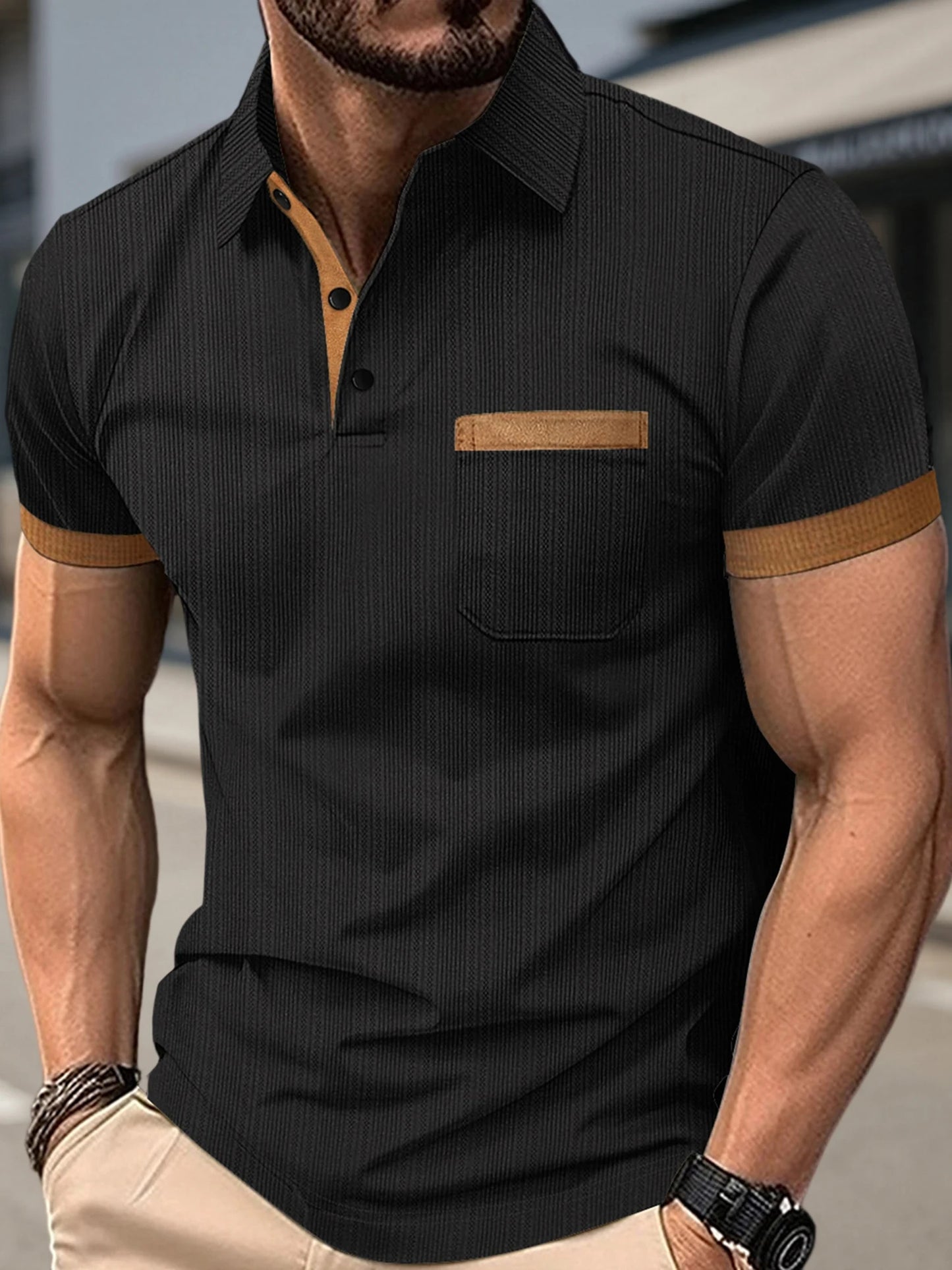 Men s Summer Lapel T-Shirt with Stylish Contrast Colors and Short Sleeves - Perfect for Beach Vacations and Streetwear Fashion