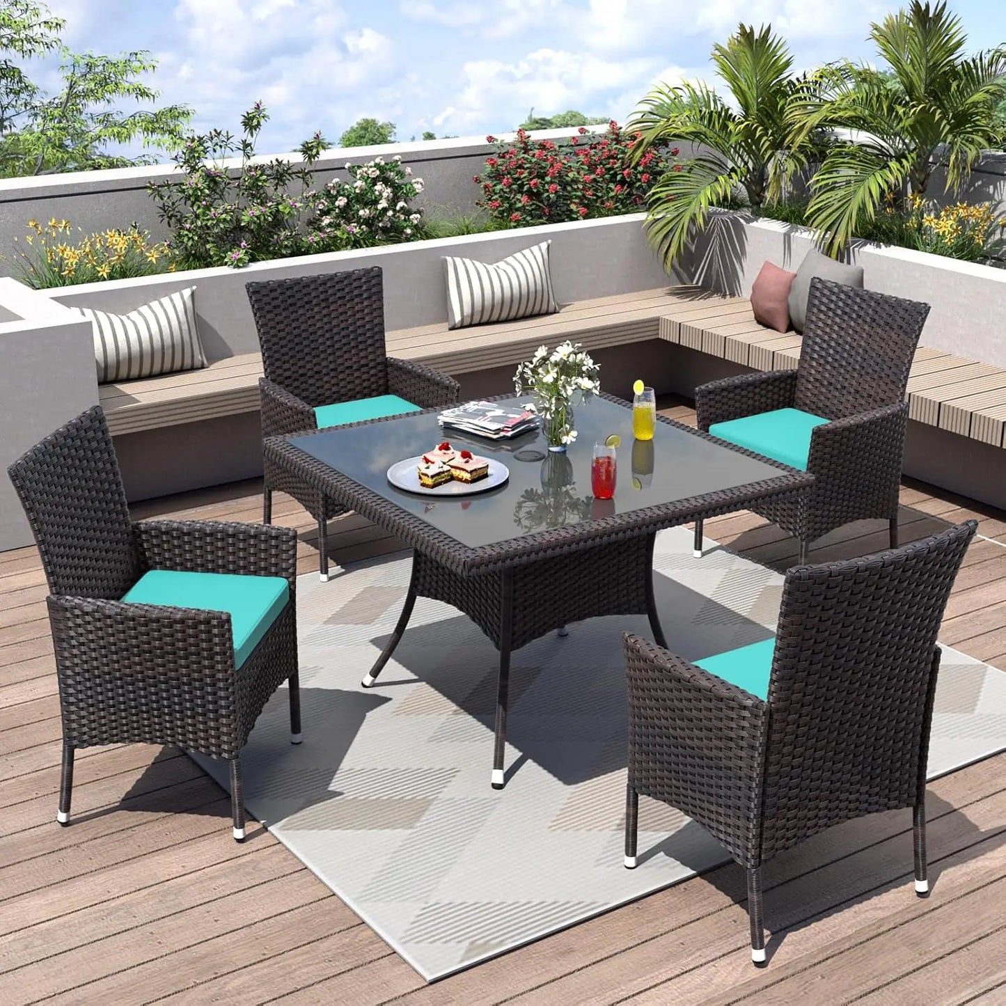 5 Piece Patio Dining Set All-Weather Wicker Outdoor Patio Furniture Set w/Tempered Glass Tabletop, Removable Cushions
